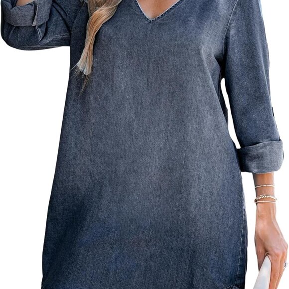Dresses & Skirts - Women's Denim Shirt Dress Long Sleeve Casual Mini Distressed V Neck